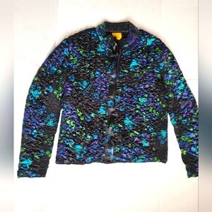 RUBY RD Black ,Zip Up, Ruffly Jacket With Teal Blue Green Peacock Feathers